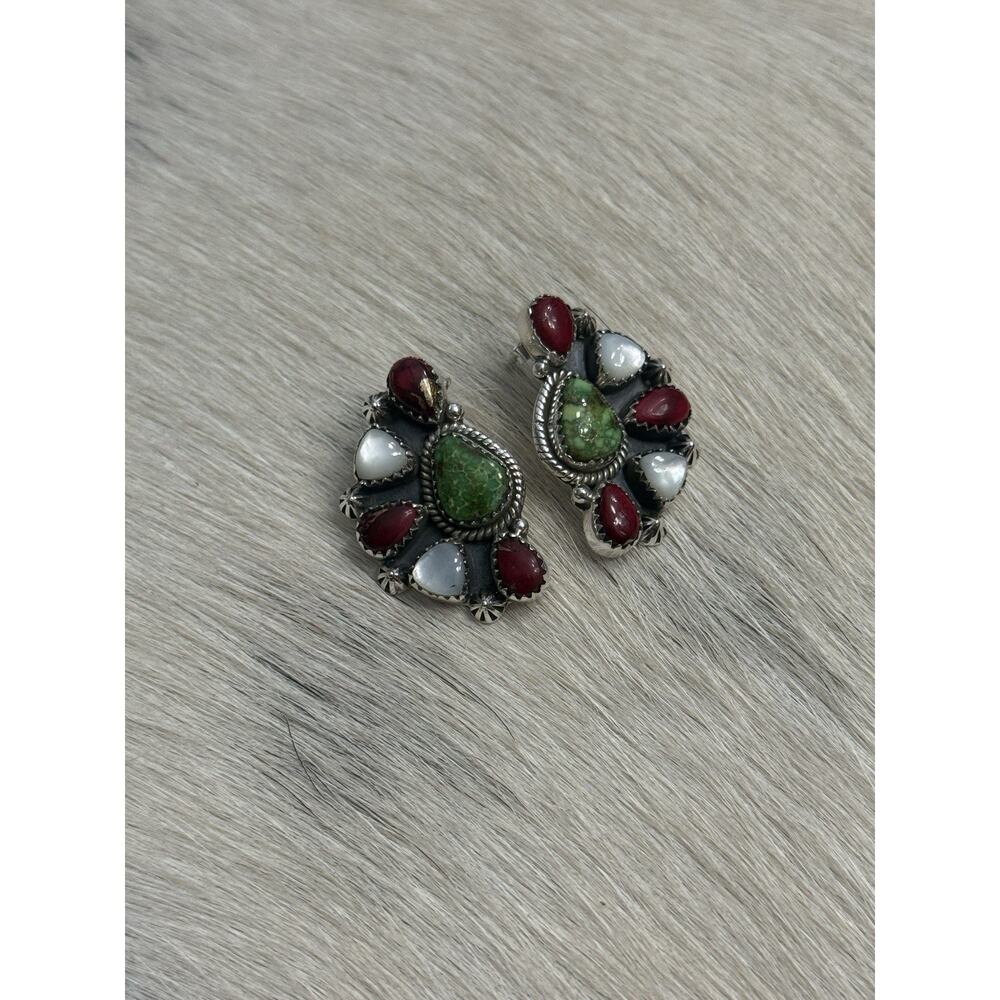 Sterling Silver Sonoran Gold Turquoise Red Dahlia Mother Pearl Cluster Earrings - Picture 5 of 13